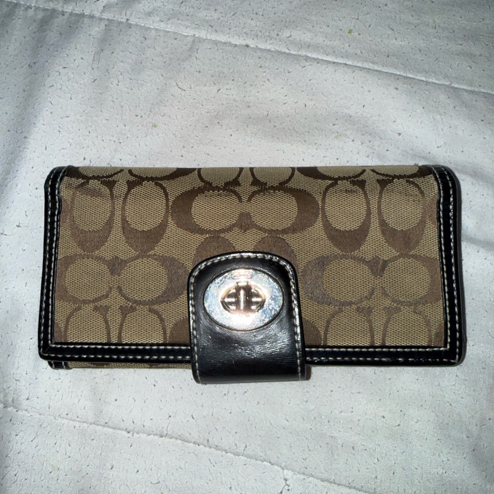 Coach Tan and Black Signature Monogram Turnlock Wallet